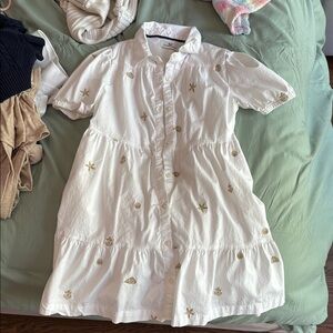 White Button-Up Dress with Gold Embroidery